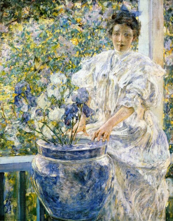 Woman on a Porch with Flowers by Robert Reid, hand-painted oil painting reproduction