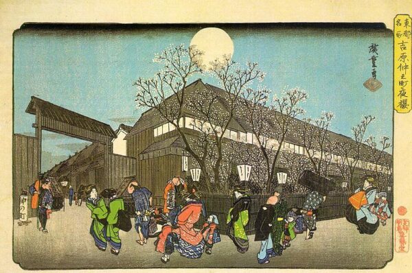 Cherry Blossom in the Evening on the Nakanomachi in Yoshiwara by Ando Hiroshige, hand-painted oil painting reproduction