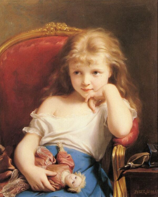 Young Girl Holding a Doll by Fritz Zuber-Buhler, hand-painted oil painting reproduction