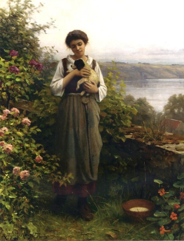Young Girl Holding a Puppy by Daniel Ridgway Knight, hand-painted oil painting reproduction