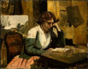Young Girl Reading by Jean Baptiste Camille Corot, hand-painted oil painting reproduction