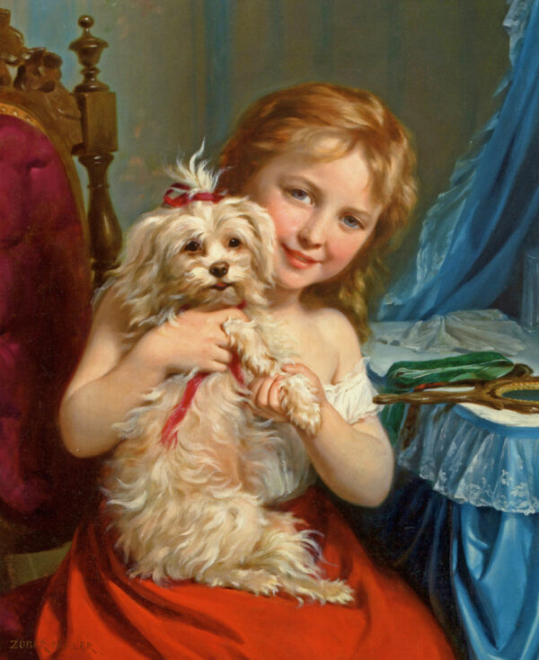 Young Girl with Bichon Frise by Fritz Zuber-Buhler, hand-painted oil painting reproduction