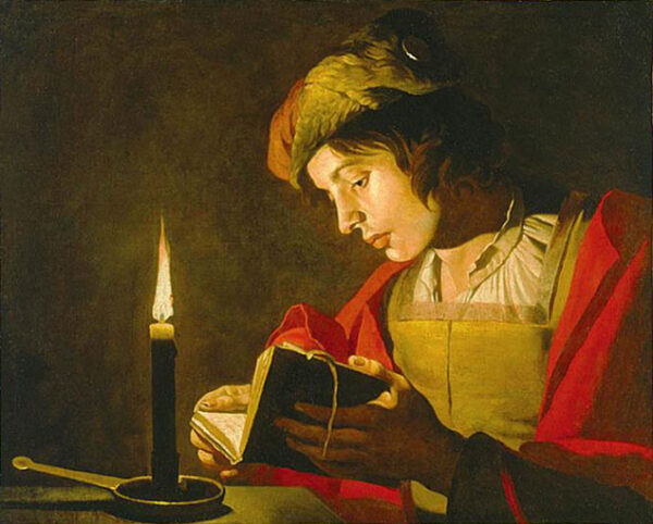 Young Man Reading by Candlelight by Matthias Stomer, hand-painted oil painting reproduction