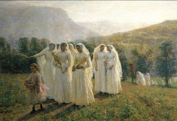 Young Women Going to a Procession by Jules Breton, hand-painted oil painting reproduction