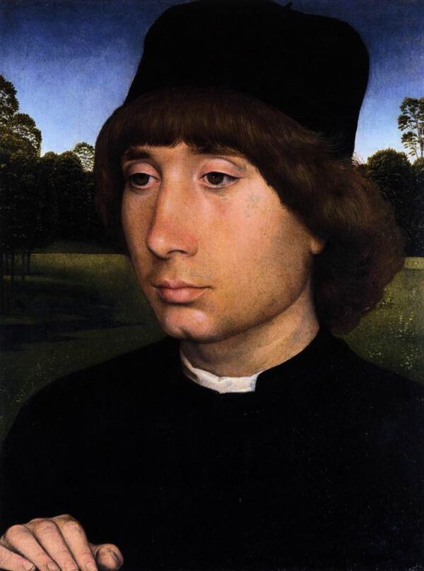 Portrait of a Young Man before a Landscape by Hans Memling, hand-painted oil painting reproduction