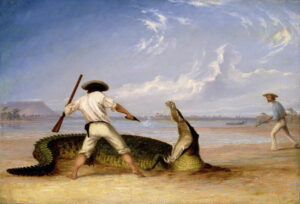 T Baines and C Humphrey killing an alligator on Horse Shoe flats by Thomas Baines, hand-painted oil painting reproduction