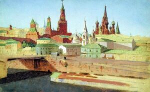 view Moskvoretsky Bridge the Kremlin and St Basils Cathedral 1882 by Arkhip Kuindzhi, hand-painted oil painting reproduction