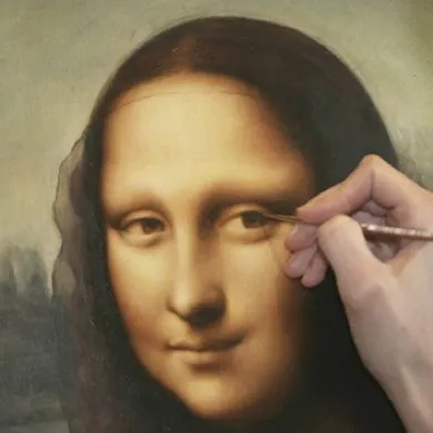 Mona Lisa reproduction on the easel, final details being painted