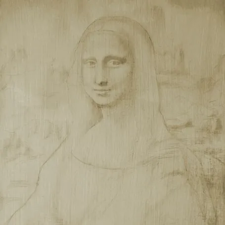 Mona Lisa reproduction on the easel, first stage: the sketch on blank canvas